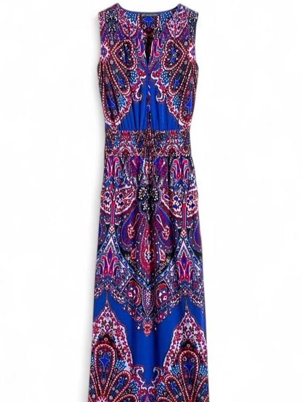Adrianna Papell Blue Paisley Print Maxi Dress with Fuchsia Accents